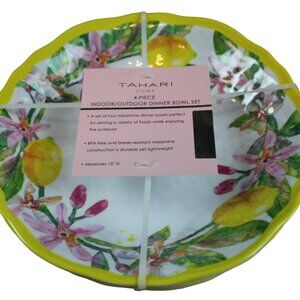 Tahari Home Yellow Lemon Floral Shallow 10" Bowl Set of 4 Scalloped Melamine NWT